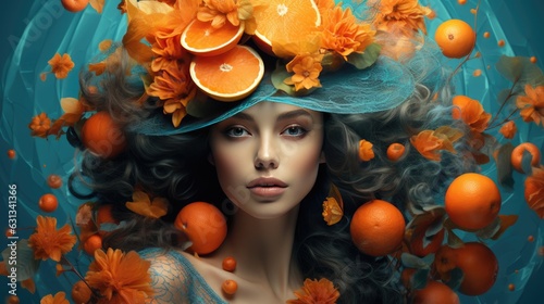 Fruity Splendor: Beautiful Women Adorned in Fruits, Orange and Aquamarine Organic Compositions, Generative AI