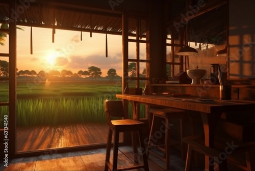 coffee shop with views of rice fields and sunsets. generative ai © LivroomStudio