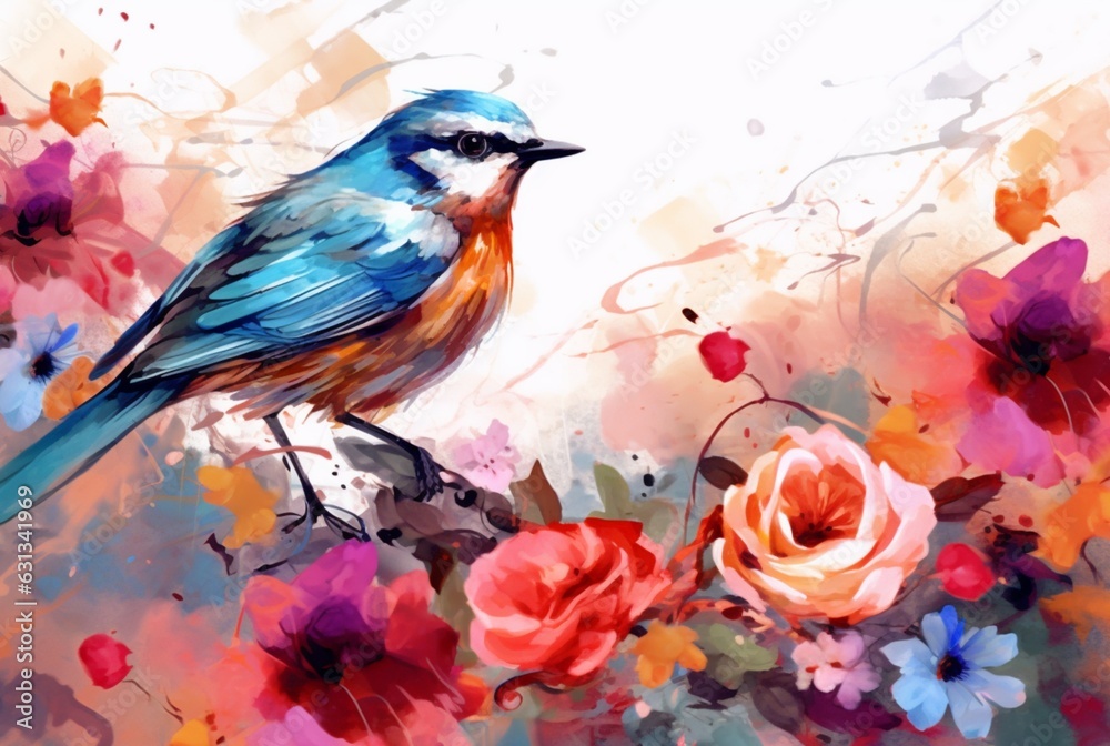 beautiful flowers and birds with watercolors. generative ai