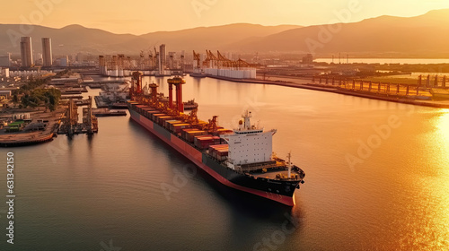 Aerial view of Refinery Industry cargo ship in import export, LPG, oil refinery, Logistics and transportation with working crane bridge in harbor. Generative Ai