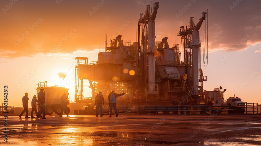 Team of oil workers walking out of oil rig on desert silhouette at sunset, power industry machines for producing petroleum gas. Generative Ai