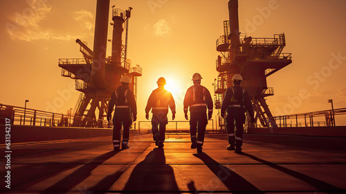 Team of oil workers walking out of oil rig on desert silhouette at sunset, power industry machines for producing petroleum gas. Generative Ai