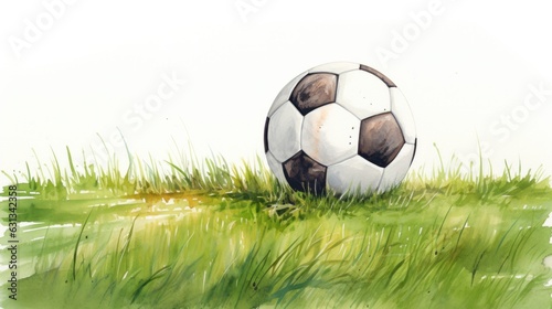 Watercolor of a soccer ball on top of a lush green field illustration.