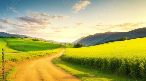 Beautiful Mountain Rural Landscape with Green Fields and Sunset Sky. 