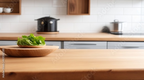 Versatile Display: Empty Wooden Table on Blurred Kitchen Bench Background.