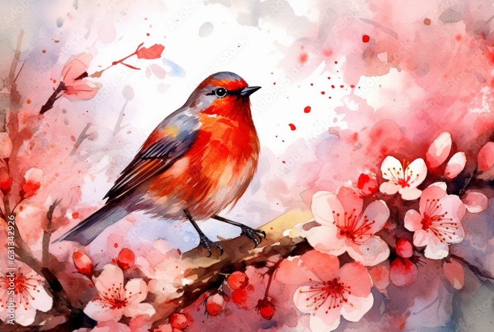 beautiful flowers and birds with watercolors. generative ai