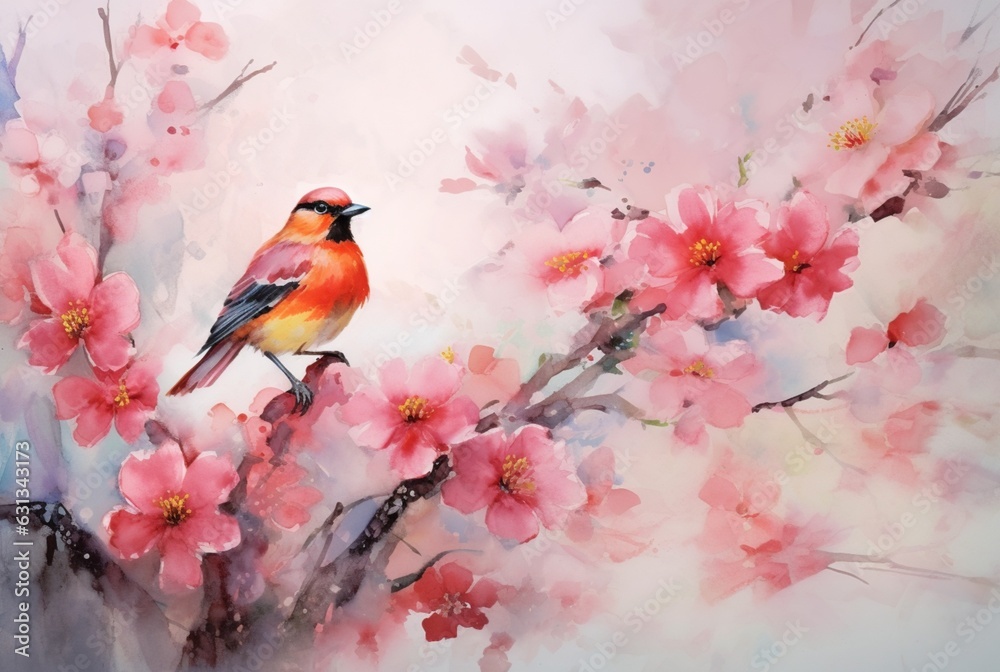 beautiful flowers and birds with watercolors. generative ai