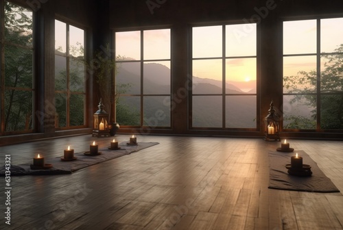 empty zen room or yoga studio with nature view from window and burning candles on floor. generative ai