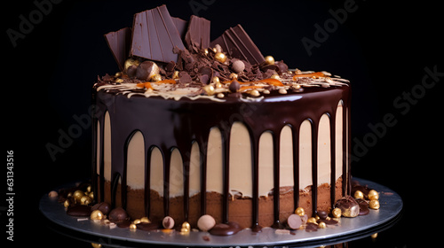 round chocolate cake decorated with fine chocolate and toffee. chocolate drips on a trash cake. cheesecake. cream. ai generation