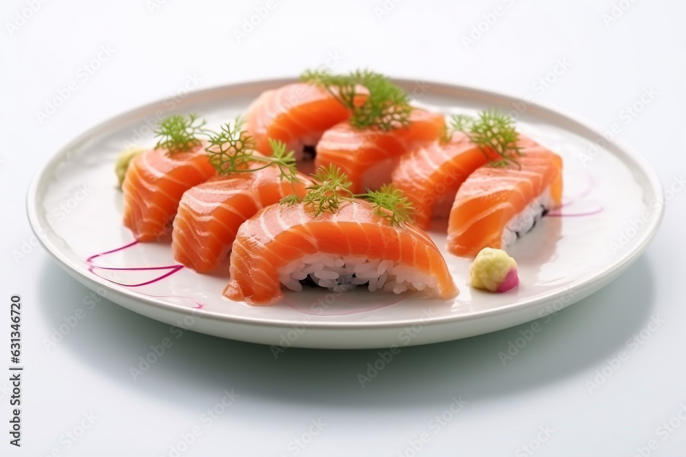 Perfect sushi, traditional Japanese cuisine. Delicious salmon kiguiri on the decorated plate, white background