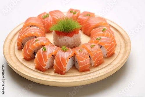 Perfect sushi, traditional Japanese cuisine. Delicious salmon kiguiri on the decorated plate, white background