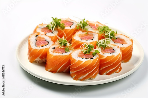 Perfect sushi, traditional Japanese cuisine. Delicious salmon kiguiri on the decorated plate, white background