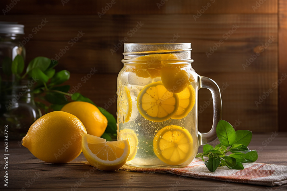 Fruit lemonade in mason jar on wooden table