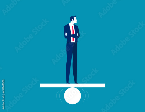 Business person trying to get balance on board standing. Business challenge vector concept