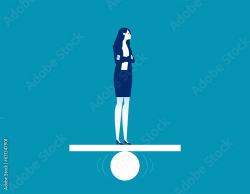 Business person trying to get balance on board standing. Business challenge vector concept