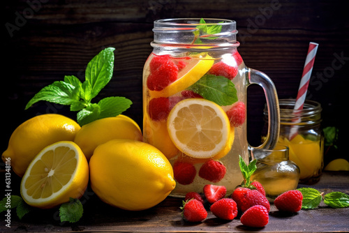 Fruit lemonade in mason jar on wooden table