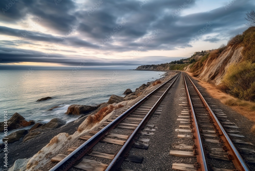 view of railroad tracks with beach. generative ai