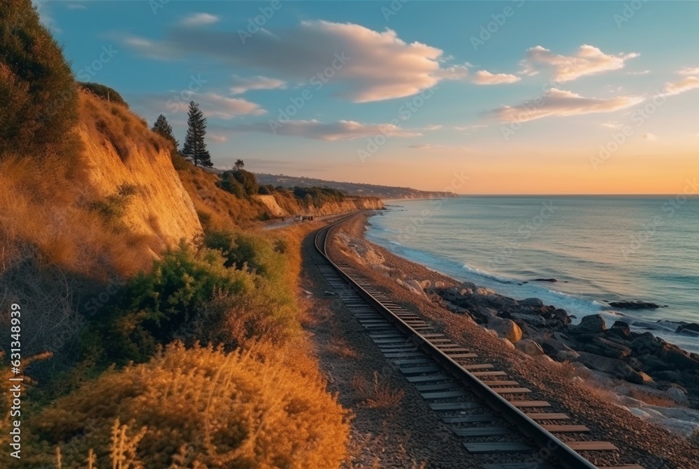 view of railroad tracks with beach. generative ai