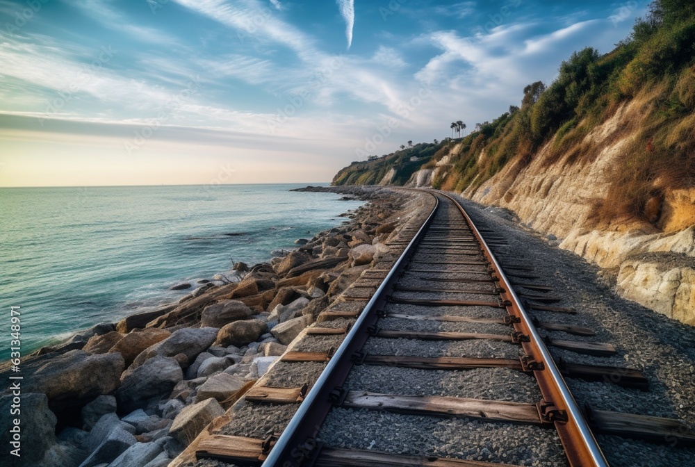 view of railroad tracks with beach. generative ai