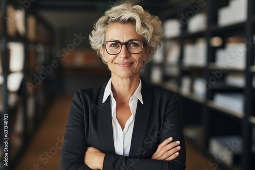 Business concept. Portrait of middle aged businesswoman ceo standing in office with arms crossed. Neutral office background with copy space. Generative AI