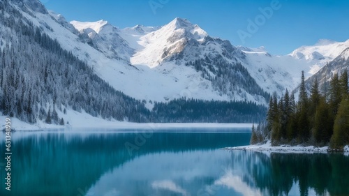 A serene lake surrounded by a dense forest and snow-capped mountains, offering a peaceful and reflective setting.