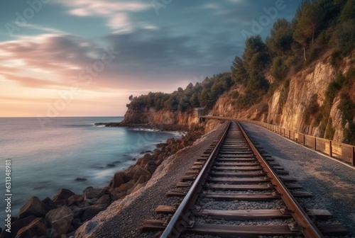 view of railroad tracks with beach. generative ai