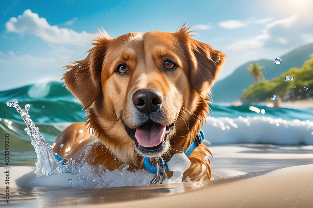 Dog enjoying a swim at the beach in midsummer.Generative AI