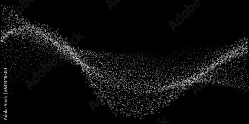 Abstract random white light dot particles wavy flowing curve shape isolated on black background. Vector in concept technology, science, music, modern.