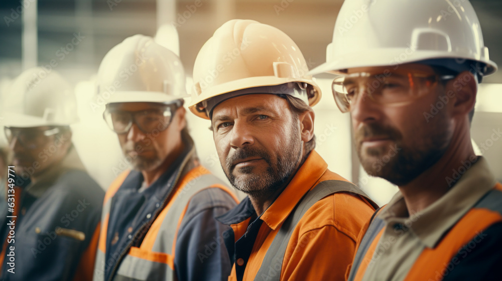 A group of construction team, Construction workers in vests and in hard hats for safety. USA Labor Day celebration. Generative AI. A group of construction team, Construction workers in vests and in hard hats for safety. USA Labor Day celebration. Generative AI.