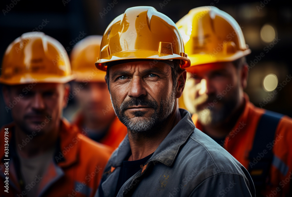A group of construction team, Construction workers in vests and in hard hats for safety. USA Labor Day celebration. Generative AI. A group of construction team, Construction workers in vests and in hard hats for safety. USA Labor Day celebration. Generative AI.