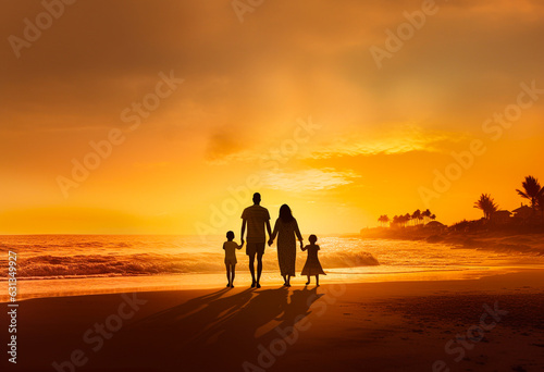 Family silhouette standing at the beach sunset, father, mother, daughter, walk, have fun at beautiful beach. Generative AI. © toodlingstudio