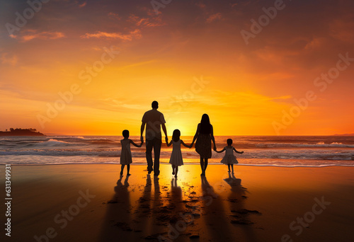 Family silhouette standing at the beach sunset, father, mother, daughter, walk, have fun at beautiful beach. Generative AI.