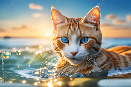 Cats enjoying a swim at the beach in midsummer.Generative AI