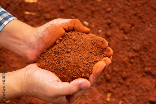 Above view of the contrast between the hand's skin and the rich red soil becomes even more pronounced, emphasizing the essential role of soil in sustaining life and fostering growth.
