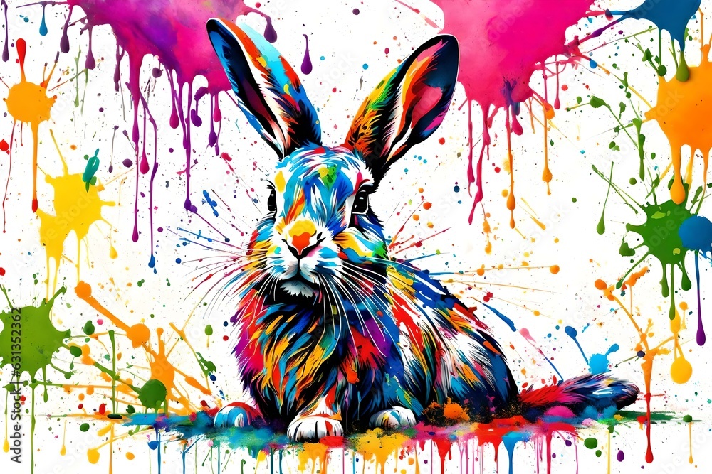 Splatter Art, A captivating splatter art composition featuring a majestic rabbit surrounded by colorful splashes of paint. The splatters form musical notes and symbols, representing the harmonious nat