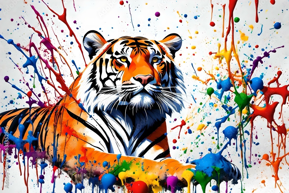 Splatter Art, A captivating splatter art composition featuring a majestic tiger surrounded by colorful splashes of paint. The splatters form musical notes and symbols, representing the harmonious.