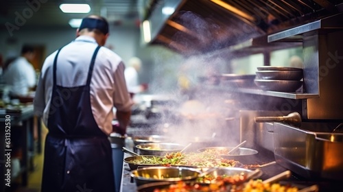 committed chef preparing a meal in a busy restaurant kitchen generative ai