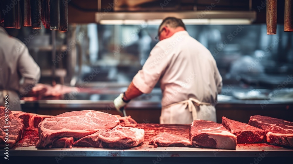 butcher cuting meat in a butcher shop generative ai