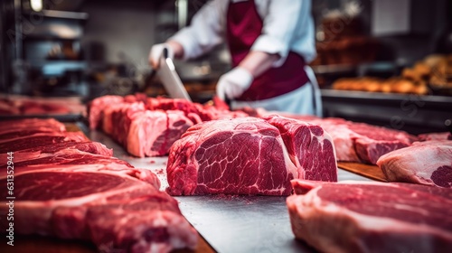 butcher cuting meat in a butcher shop generative ai photo