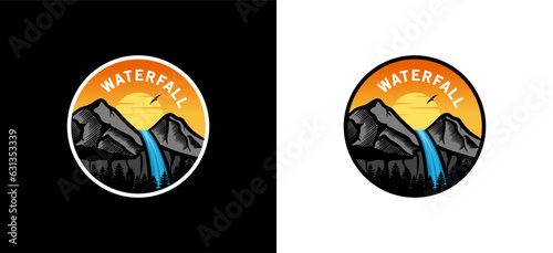 Waterfall logo design, high mountain waterfall vector illustration with sunset shades