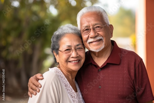 Happy smiling Hispanic senior couple looking at the camera. 