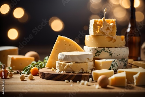 fresh cheese slices on wooden table