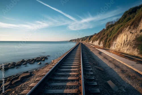 view of railroad tracks with beach. generative ai © LivroomStudio