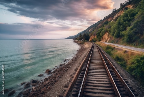 view of railroad tracks with beach. generative ai