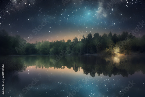scene of a tranquil lake at night the stars above and the surrounding trees