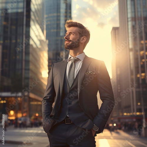Elated, prosperous, and affluent male entrepreneur stands amid urban skyscrapers at sunset, pondering a triumphant future outlook and aspiring toward novel investment possibilities. Generative AI