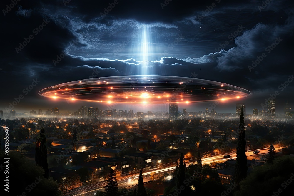 Classic UFO Shape with Bright Lights in City Sky