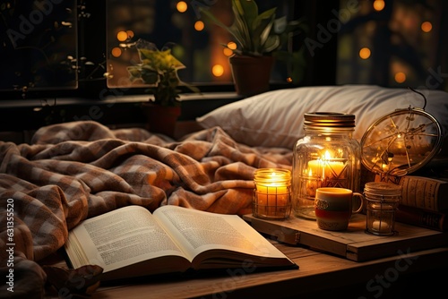 Cozy Bed with Book and Reading Lamp