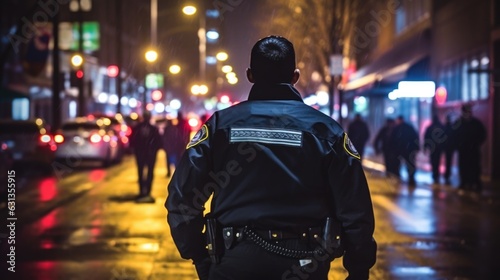 focused police officer patrolling a night street generative ai