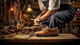 meticulous shoemaker crafting a shoe in a traditional workshop generative ai